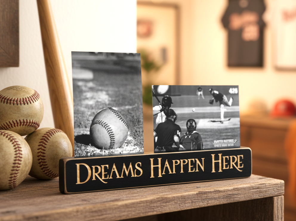 A black wooden baseball-themed photo sign with carved lettering that reads 'DREAMS HAPPEN HERE,' displayed on a wooden table with baseballs and two small black-and-white baseball photos in a warm indoor setting.