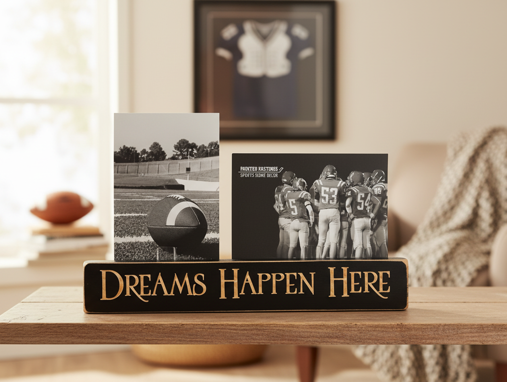 A decorative black wooden sign with carved lettering reading 'DREAMS HAPPEN HERE' sits on a wooden table in a softly lit living room. Two black-and-white football-themed photo prints are displayed on top of the sign.