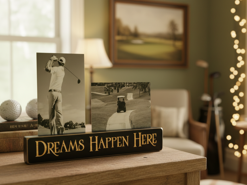 A black wooden sign with carved lettering that reads 'DREAMS HAPPEN HERE' sits on a wooden table in a cozy, softly lit room. Two small vertical black-and-white photos are displayed on top of the sign, with golf-themed decor and warm string lights blurred in the background.