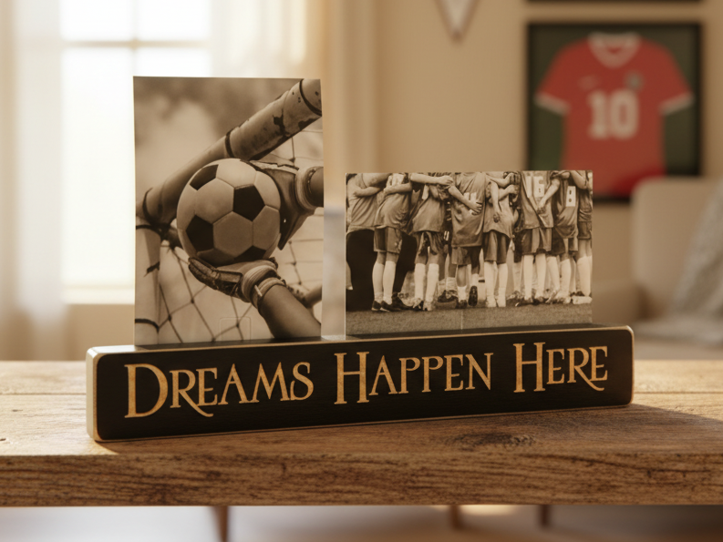 A wooden tabletop display with a black plaque reading “DREAMS HAPPEN HERE” in carved lettering, holding two vertical black-and-white photos: one of a goalkeeper catching a soccer ball and one of a group of soccer players huddled together. The scene is set in a warm indoor room with blurred background elements, including a framed red jersey with the number 10.