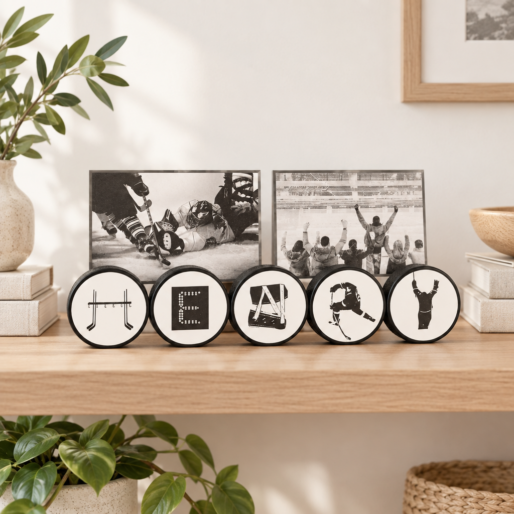 A set of 5 connected hockey pucks, spelling out the custom name "HENRY" with unique hockey letters.   This displays 2 hockey photos and is sitting on a natural wood table with plants and books in a cozy room with light pouring in.