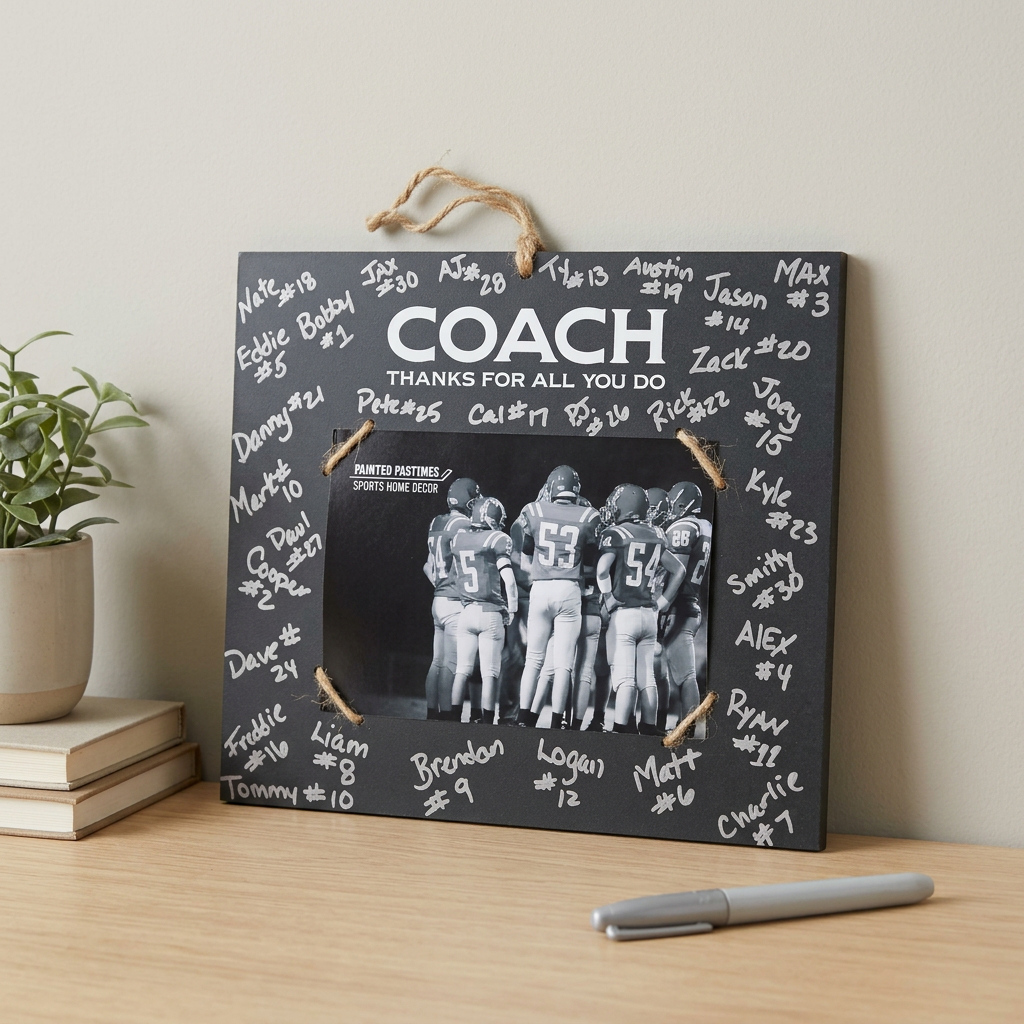 A personalized black sports frame hanging on a light wood desk, featuring white chalk-style signatures around the border, the word 'COACH Thanks for all you do' at the top, and a central black-and-white photo of football players. A small potted plant and books sit to the left, and a gray marker rests in front.