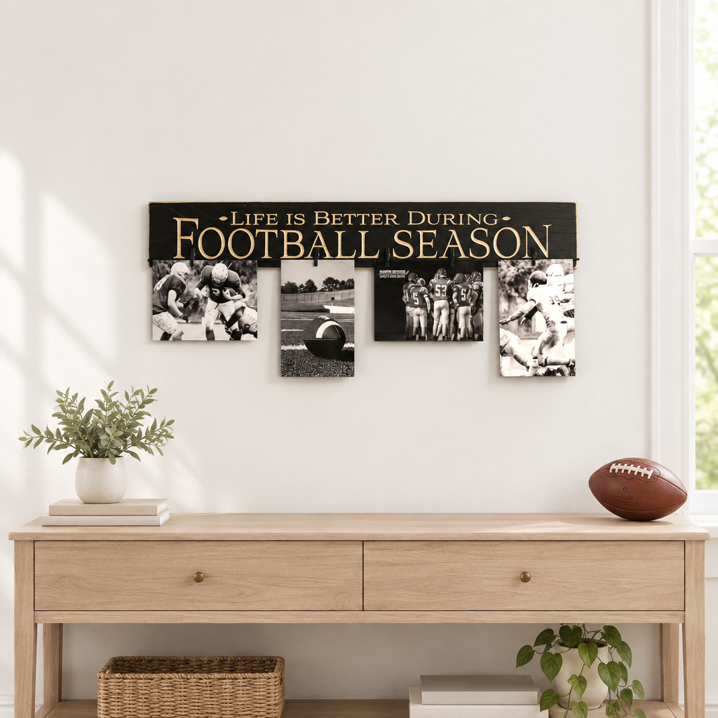 A wall-mounted football-themed photo collage sign with the text 'Life is Better During Football Season' in carved lettering on a black background, displayed above a light wood console table in a bright room.