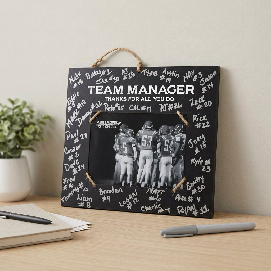 A black personalized team manager plaque with a hanging rope, styled on a wooden desk with a notebook, marker, and plant in the background.