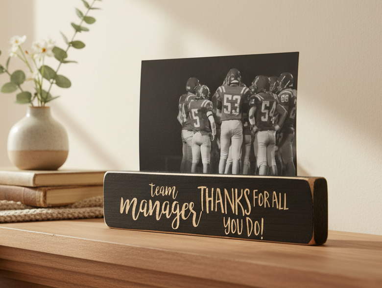 A wooden tabletop sign with the phrase 'team manager THANKS FOR ALL YOU DO!' in light wood lettering, holding a black-and-white photo of football players. The scene is styled on a wooden surface with books, a vase of flowers, and a warm beige wall in the background.