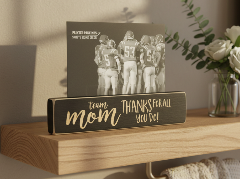 A wooden sign on a floating shelf that reads 'team mom THANKS FOR ALL YOU DO!' in lasered lettering, with a black-and-white football photo card leaning behind it. The shelf is styled with a glass vase of white flowers and greenery against a warm beige wall.