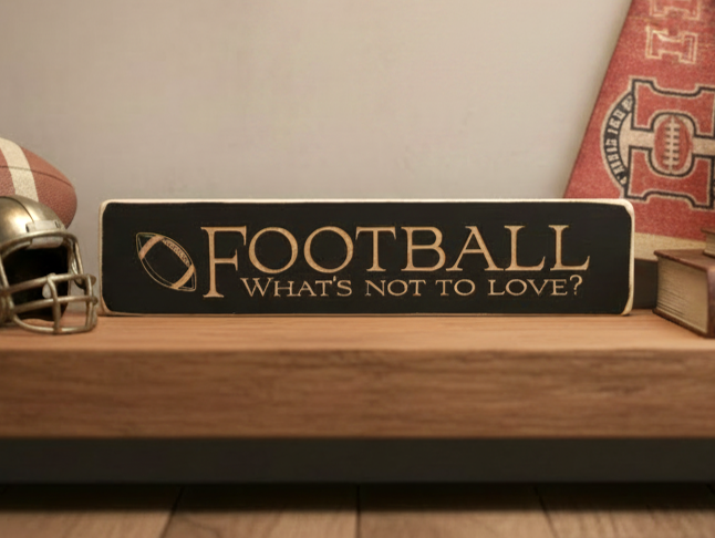 A rectangular black wooden sign with engraved lettering that reads 'FOOTBALL WHAT'S NOT TO LOVE?' displayed on a wooden shelf next to a football helmet and a football.