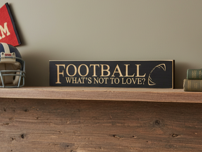 A rectangular dark wood sign with carved lettering that reads 'FOOTBALL WHAT'S NOT TO LOVE?' displayed on a rustic wooden shelf next to a football helmet and books.