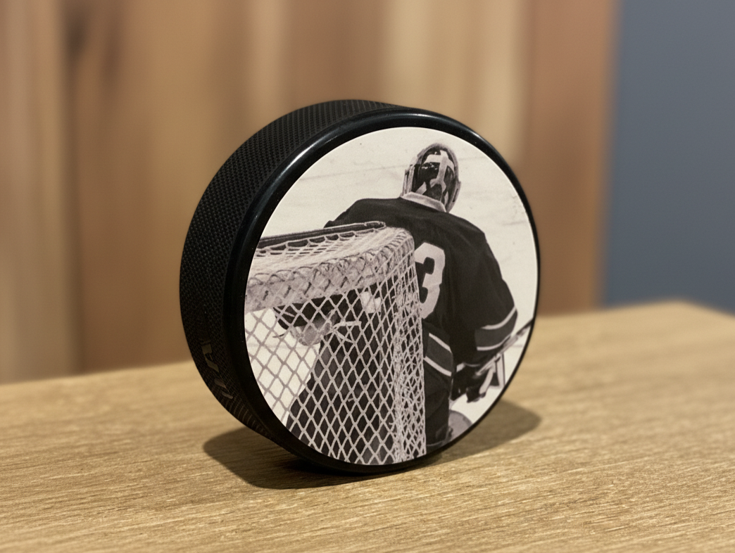 A black hockey puck with a custom printed graphic of a hockey goalie on the flat side, standing on a wooden tabletop with a blurred wooden background.