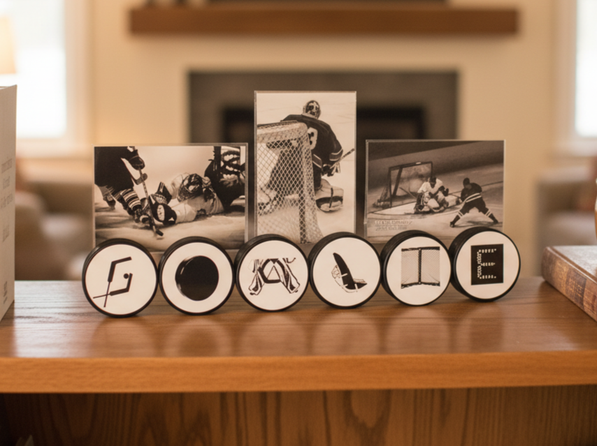 A set of black and white hockey-themed decorative items arranged on a wooden table, including three vertical photo prints of hockey players and six hockey pucks with unique hockey letters spelling out GOALIE, in a softly blurred indoor setting.