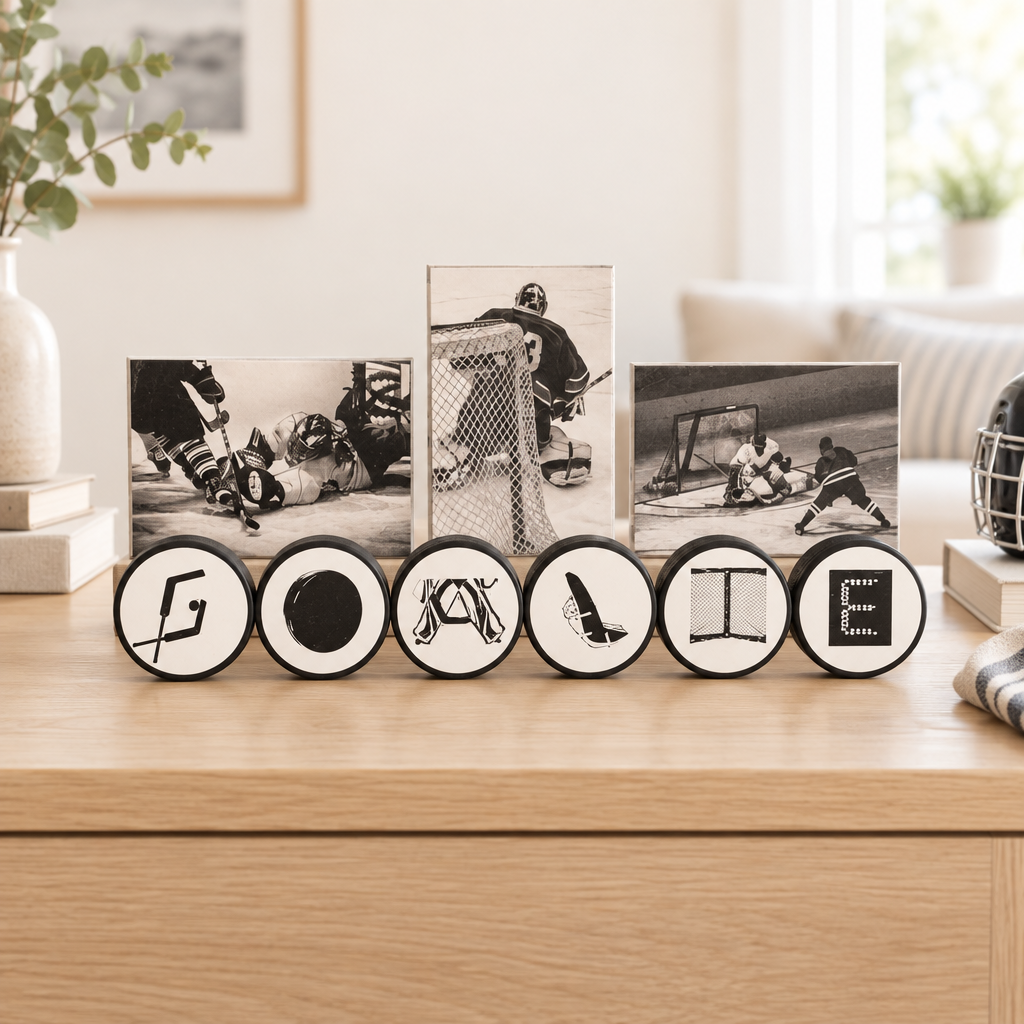 A set of 6 connected hockey pucks, spelling out  "GOALIE" with unique hockey goalie letters.   This displays 3 hockey  goalie photos and is sitting on a natural wood table with plants and books in a cozy room with light pouring in.