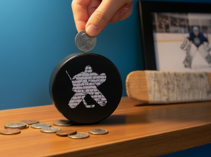 A black hockey puck-shaped goalie bank with a white hockey goalie silhouette, shown on a wooden shelf with coins being deposited into it by a hand. A hockey stick and framed photo are blurred in the background against a blue wall.