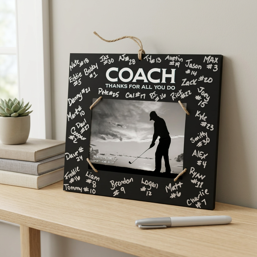 A black personalized golf-themed picture frame with white chalk-style writing and the word 'COACH Thanks for all you do' at the top, displayed on a light wood table next to a small potted succulent and a marker.