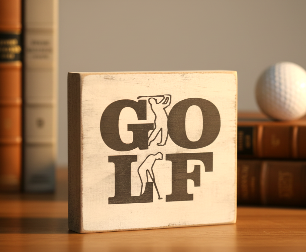 A square wooden block sign with a distressed cream finish, featuring the word 'GOLF' in dark brown block letters with a golfer silhouette integrated into the design. The sign is displayed on a wooden surface with books and a golf ball blurred in the background.