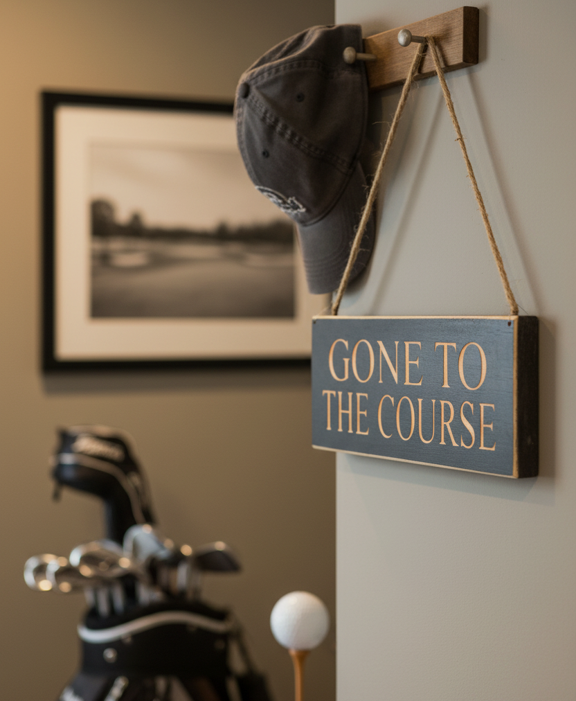Gone to the Course Golf Sign: Distressed Wood Mancave Decor