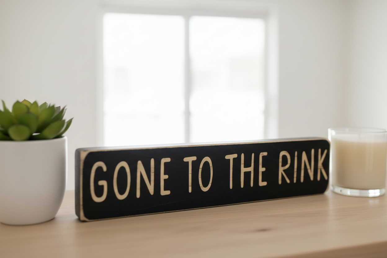 A rectangular black wooden sign with the words 'GONE TO THE RINK' in engraved lettering, styled on a light wood table with a small potted succulent on the left and a glass candle on the right.