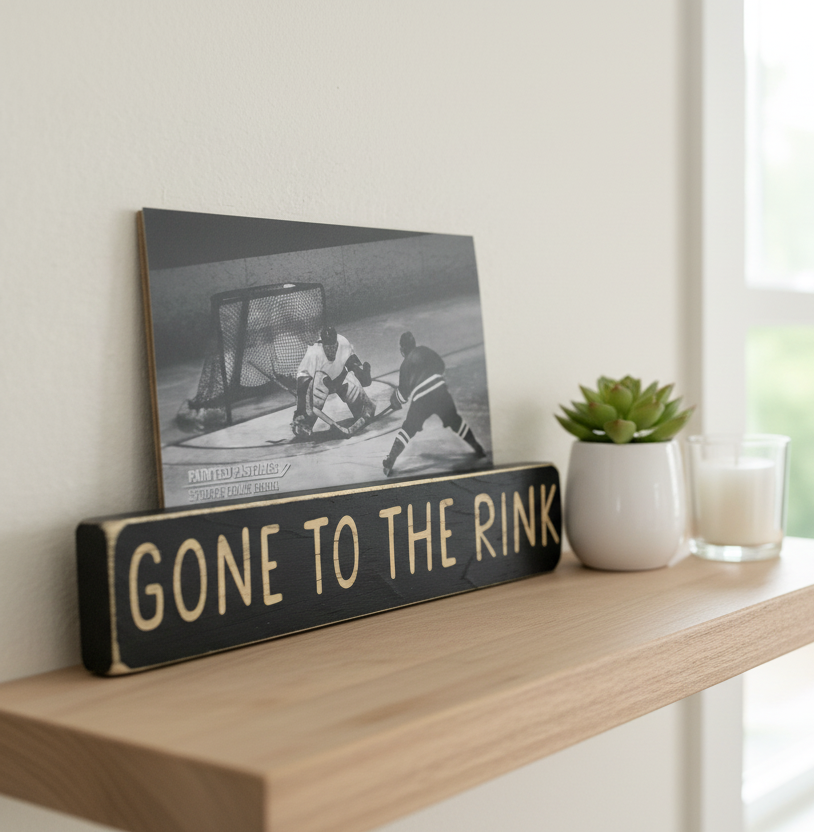 A rustic black wooden sign with 'GONE TO THE RINK' in engraved lettering sits on a light wood shelf next to a black-and-white hockey photo print, a small potted succulent, and a lit candle.