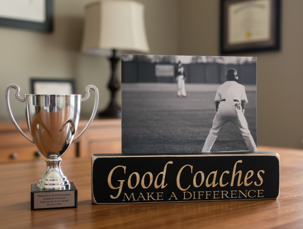 A black wooden sign with lasered lettering that reads 'Good Coaches MAKE A DIFFERENCE' sits on a wooden table next to a silver trophy cup. Behind the sign is a black-and-white photo frame showing a baseball player on a field.