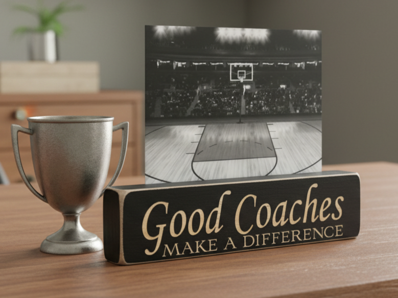 A black wooden sign with lasered lettering that reads 'Good Coaches MAKE A DIFFERENCE' sits on a wooden table next to a silver trophy cup, with a black-and-white basketball court photo leaning against the sign in the background.