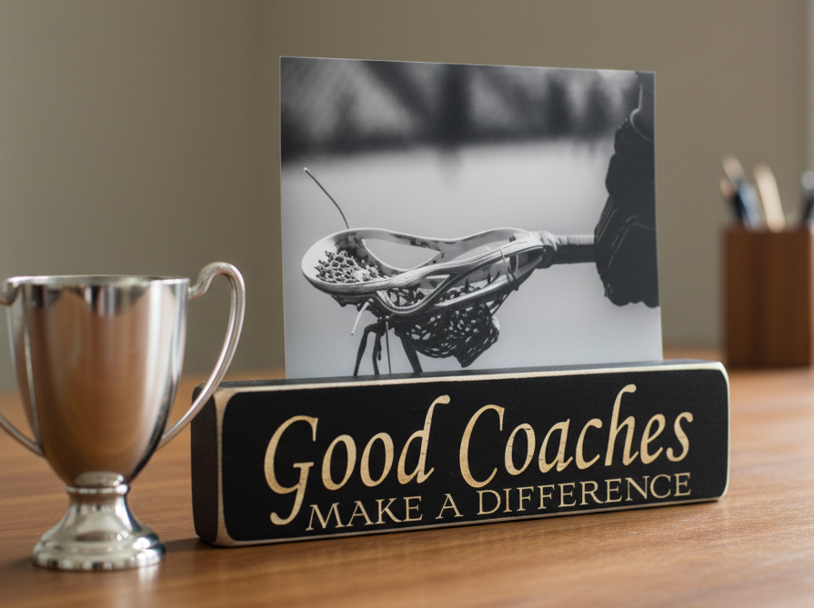 A black rectangular plaque on a wooden desk with lasered lettering that reads 'Good Coaches MAKE A DIFFERENCE,' holding a black-and-white photo of a lacrosse head. A silver trophy cup sits to the left, and a blurred office background is visible.