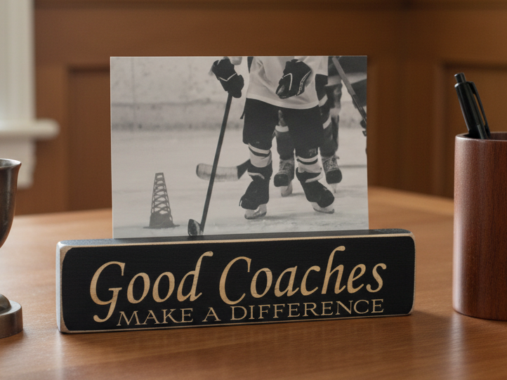 A rectangular black wooden sign with lasered lettering that reads 'Good Coaches MAKE A DIFFERENCE' sits on a wooden table, holding a black-and-white hockey photo behind it. A pen cup and other desk items are visible in the background.