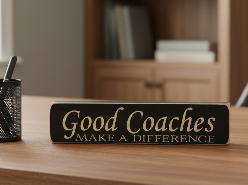 A rectangular black desk sign with lasered lettering that reads 'Good Coaches MAKE A DIFFERENCE' placed on a wooden desk in an office setting.