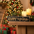 A rustic black wooden sign reading 'HAPPY hockeydays' in engraved lettering, styled on a wooden table with lit white candles, evergreen branches, and red berries, with a blurred Christmas tree and wrapped gifts in the background.
