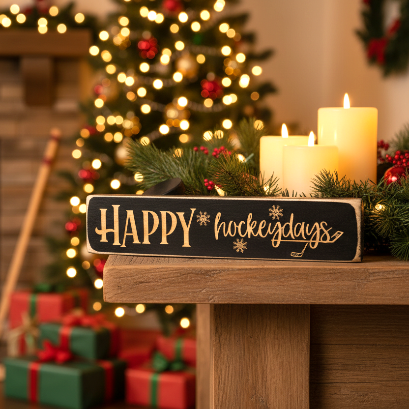 A rustic black wooden sign reading 'HAPPY hockeydays' in engraved lettering, styled on a wooden table with lit white candles, evergreen branches, and red berries, with a blurred Christmas tree and wrapped gifts in the background.