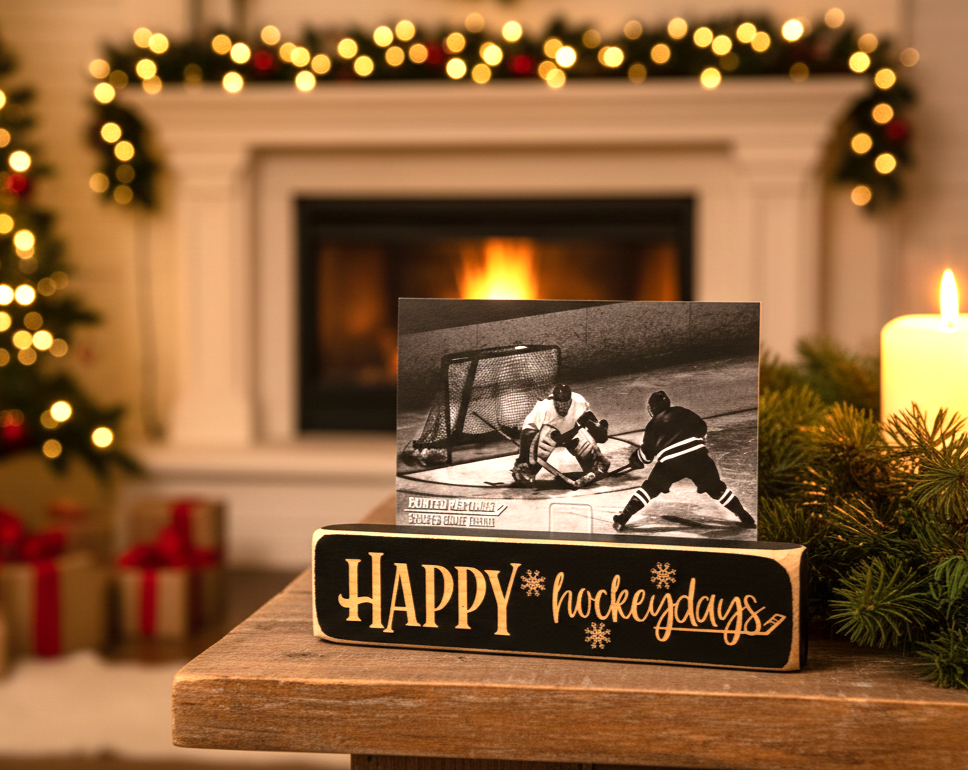 A black wooden sign with engraved lettering reading 'HAPPY hockey days' sits on a wooden table in a cozy holiday setting, holding a black-and-white hockey photo in front of a blurred fireplace with Christmas lights and greenery.