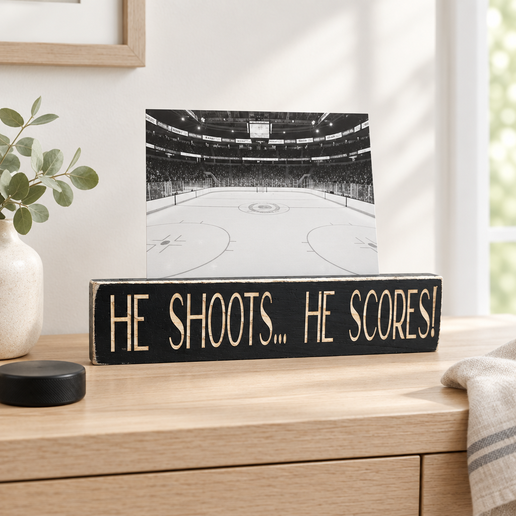 A decorative wooden photo sign on a light wood dresser. The sign base reads “HE SHOOTS... HE SCORES" and holds a hockey photo.  