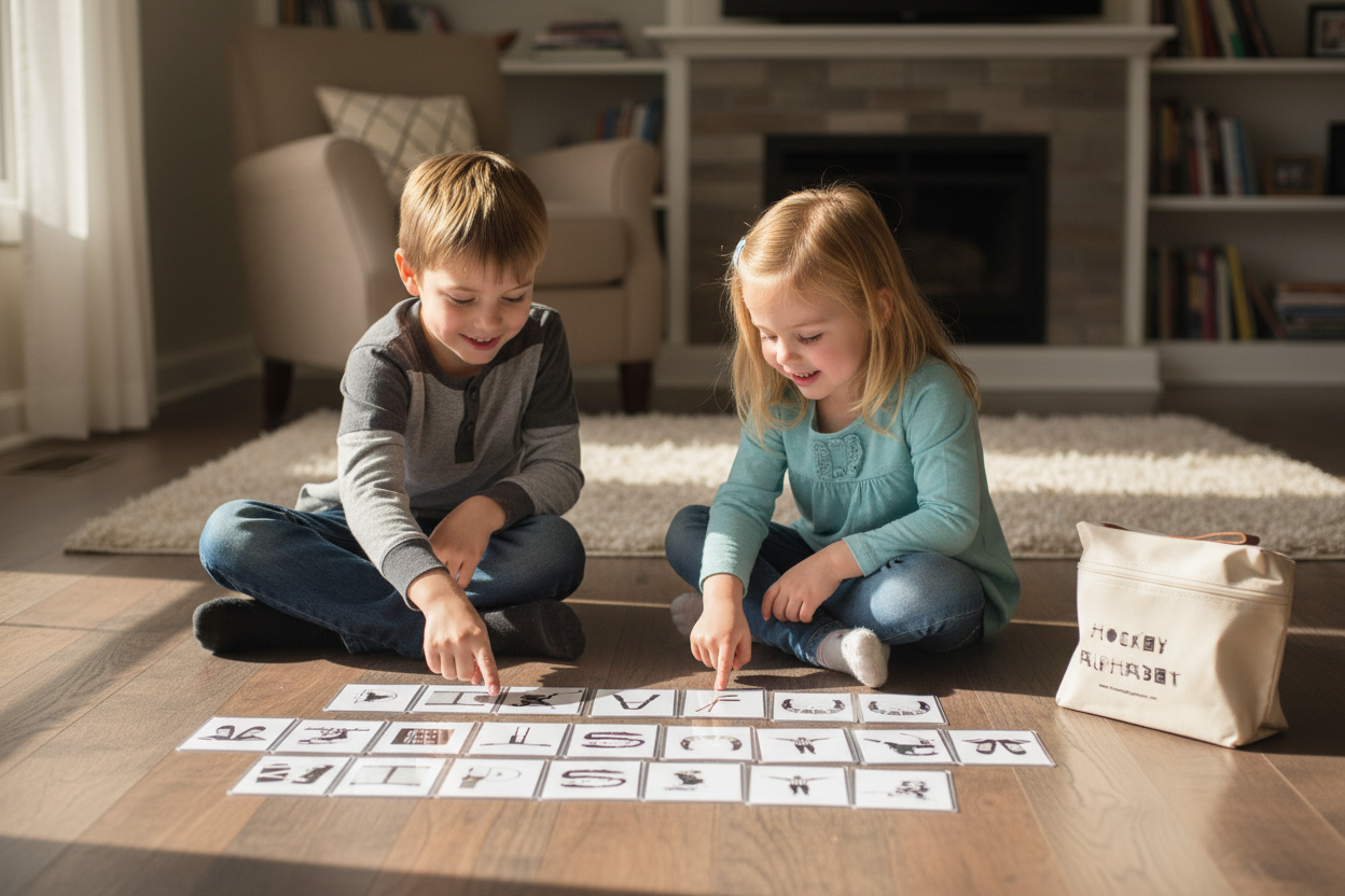 Two children sitting on a wooden floor in a cozy living room, sorting alphabet cards and playing the matching game A cream canvas pouch with printed text is placed to the right.