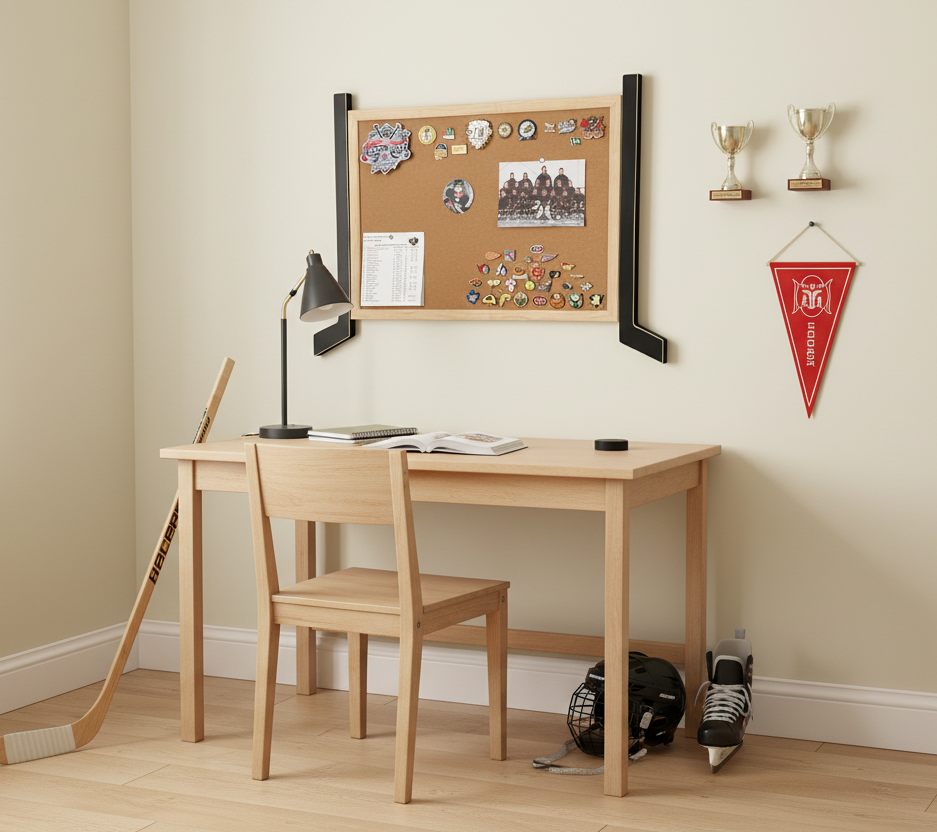 A cool bulletin board with a natural wood boarder and black hockey sticks on either side.  Many items are on the board, like hockey pins, schedules, photos and much more.  This is hanging on a cream colored wall just above a natural wood desk in a child's bedroom with hockey decor.