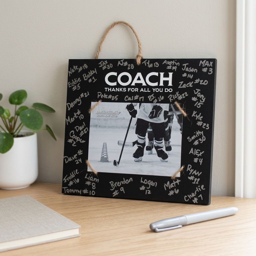 A black hanging photo frame with a rope handle, personalized with white signatures and the text 'COACH THANKS FOR ALL YOU DO', displayed on a light wood desk next to a potted plant and a pen.