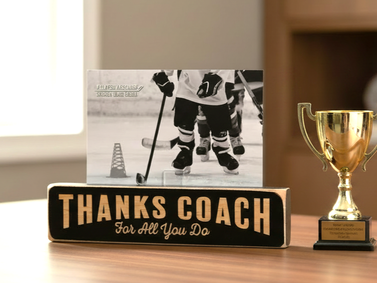 A black wooden sign with lasered lettering that reads 'THANKS COACH For All You Do' sits on a wooden table next to a gold trophy cup, with a small photo holder displaying a hockey player photo in the background.