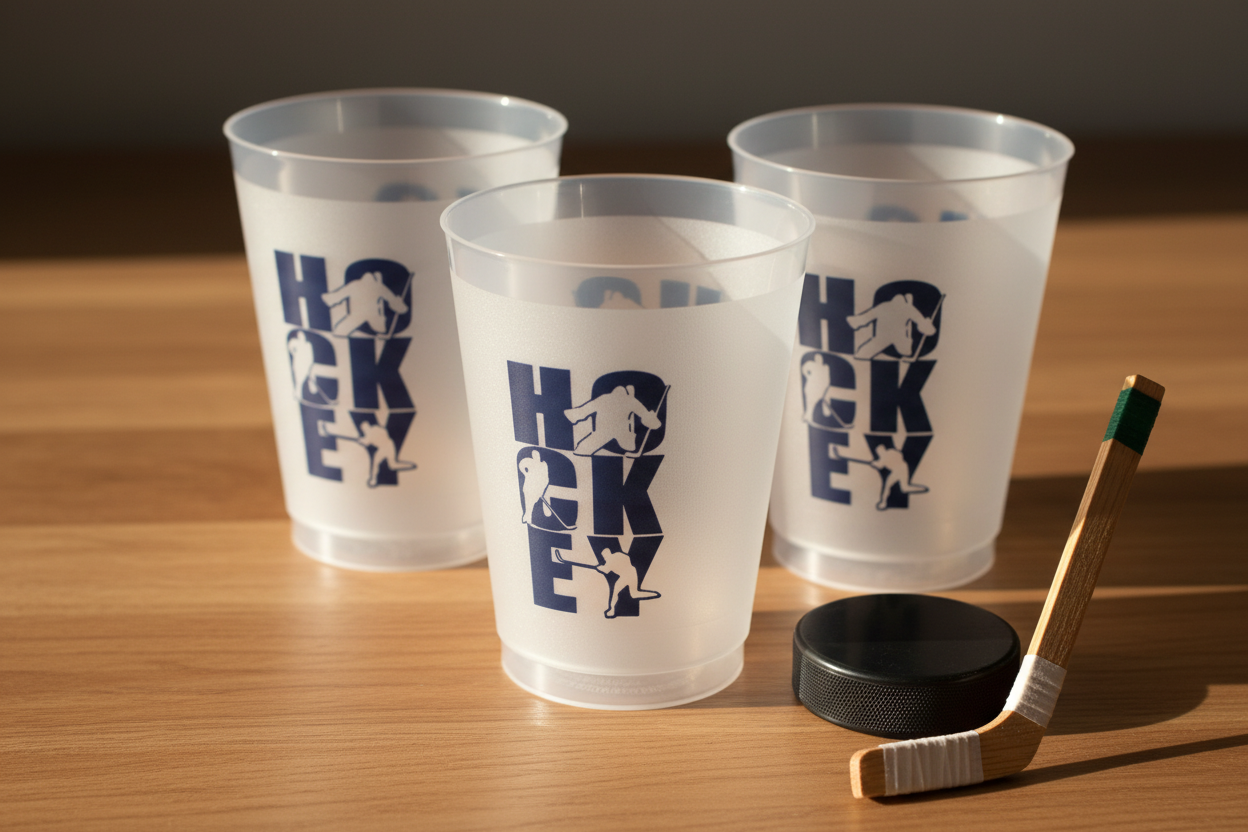 Hockey Party Favor Cups: Frosted Plastic Tumblers, Birthday, Tournament, Team Celebration