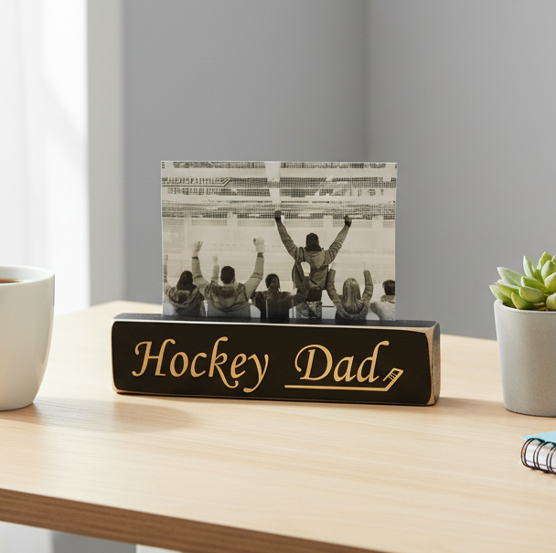 A rectangular wooden photo block sign engraved with 'Hockey Dad', holding a black-and-white photo of a cheering crowd. The sign sits on a light wood desk beside a white mug and a small potted succulent.