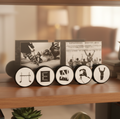 Hockey pucks spelling out custom names and holding photos.