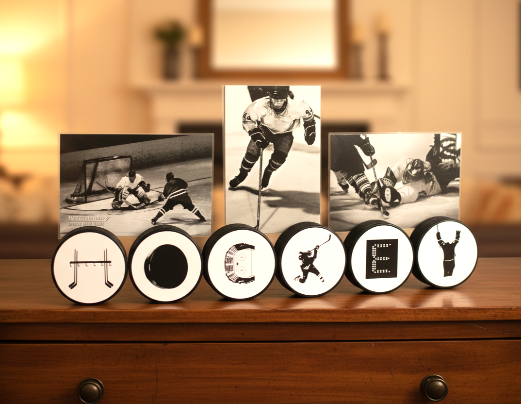 A set of hockey pucks spelling 'HOCKEY' in unique hockey letters arranged on a wooden dresser, with three black-and-white hockey player photos placed behind each corresponding letter. The background shows a softly blurred indoor room with warm lighting.