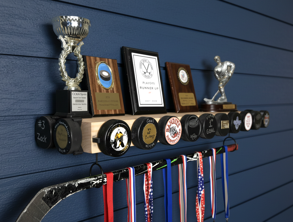A natural/off-white wooden hockey trophy shelf mounted on a blue shiplap wall, holding several framed awards and plaques and trophies.  The edges are holding special hockey pucks and several colored ribbons hanging below from a hockey stick.