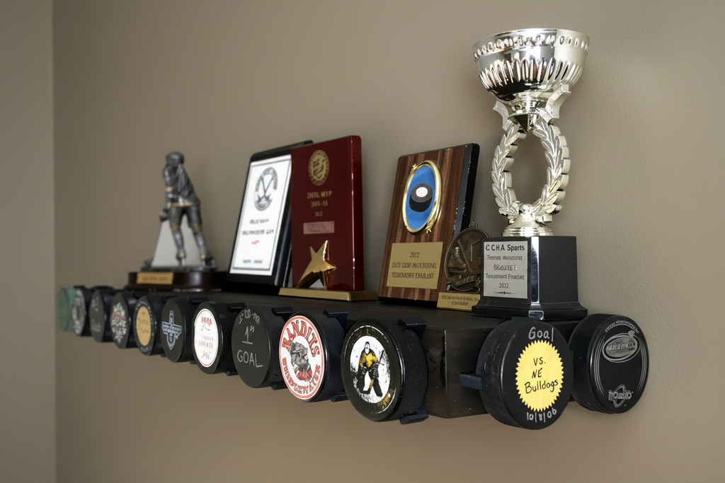 Hockey Puck Display Trophy Shelf: 8" Wide Floating Shelf, Memorabilia, Hockey Player Room Decor
