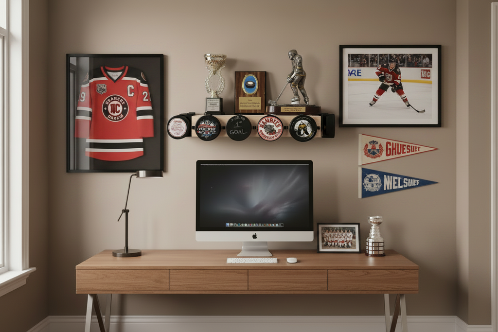 Hockey Puck Display Trophy Shelf: 8" Wide Floating Shelf, Memorabilia, Hockey Player Room Decor