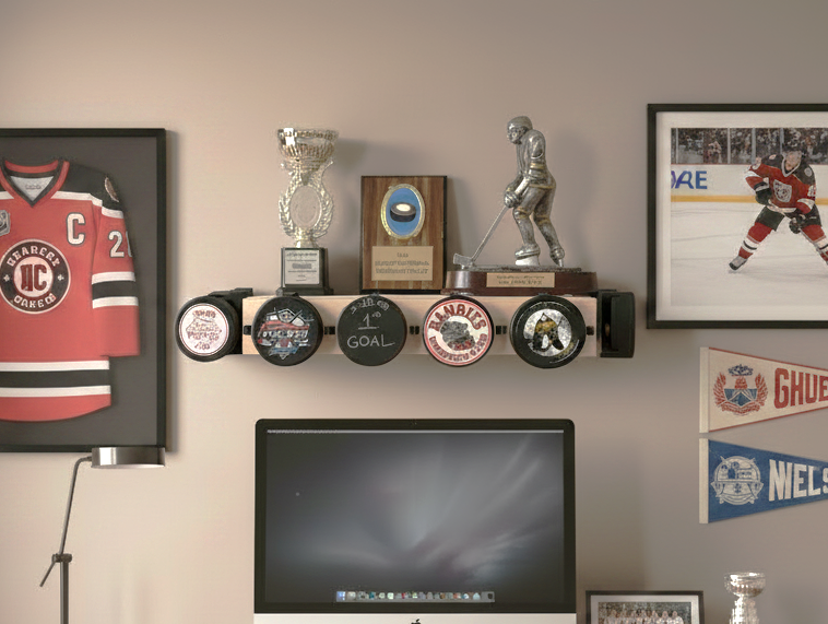 Hockey Puck Display Trophy Shelf: 8" Wide Floating Shelf, Memorabilia, Hockey Player Room Decor