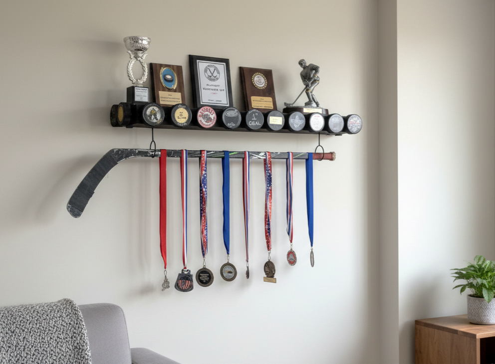 Hockey Puck Display Trophy Shelf: 8" Wide Floating Shelf, Memorabilia, Hockey Player Room Decor