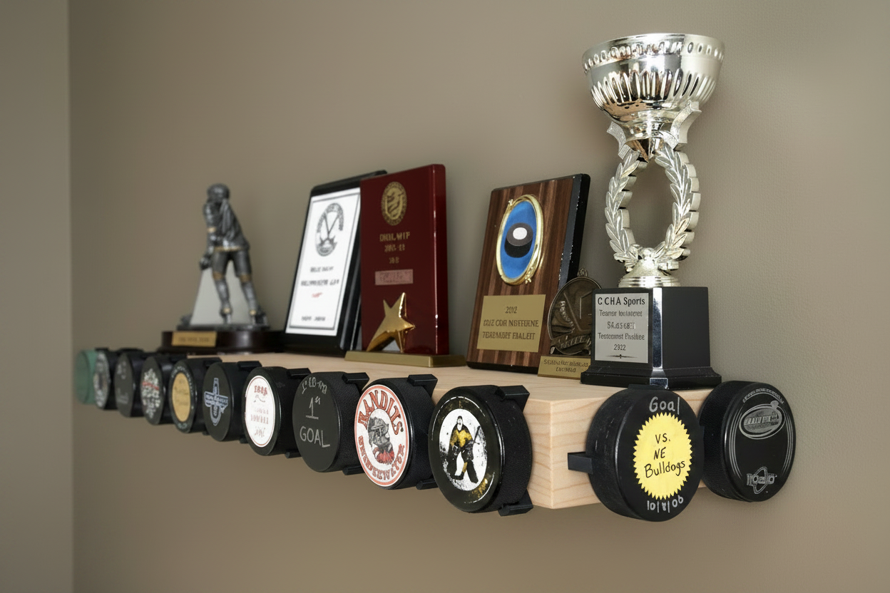 Hockey Puck Display Trophy Shelf: 8" Wide Floating Shelf, Memorabilia, Hockey Player Room Decor