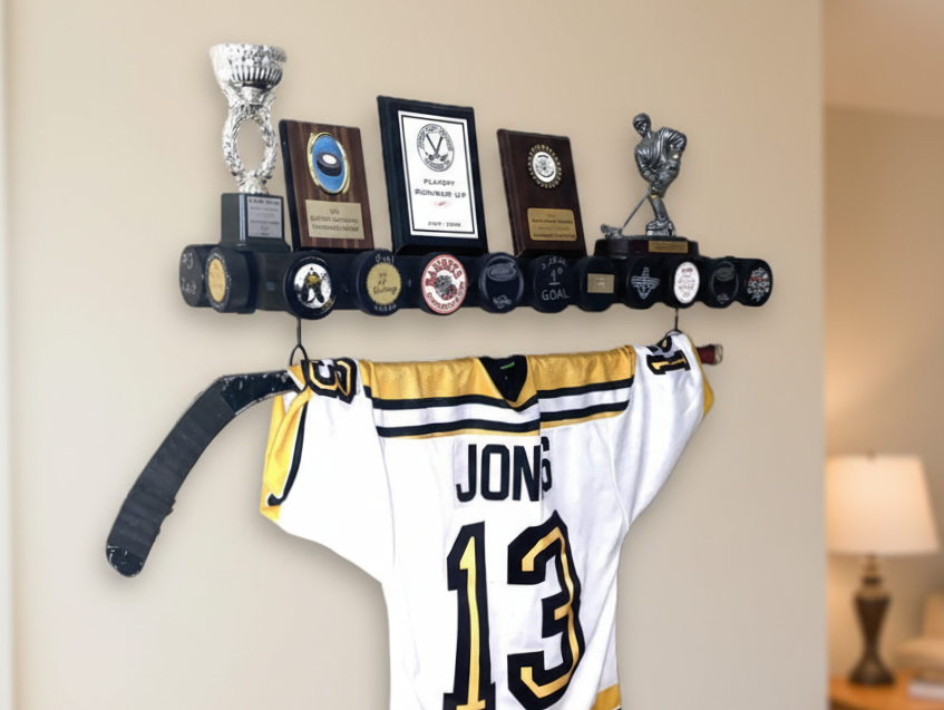 Hockey Puck Display Trophy Shelf: 8" Wide Floating Shelf, Memorabilia, Hockey Player Room Decor