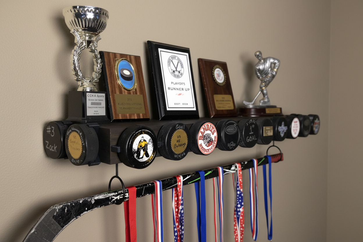 Hockey Puck Display Trophy Shelf: 8" Wide Floating Shelf, Memorabilia, Hockey Player Room Decor