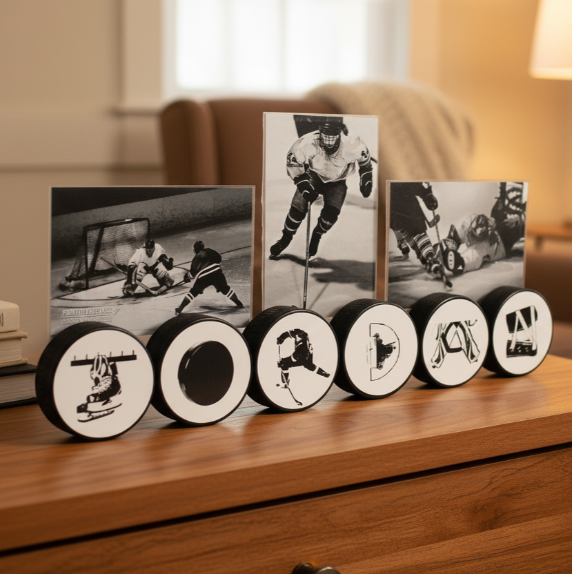 A set of hockey-themed photo frames displaying in hockey pucks that spell out a custom name in unique hockey letters displayed on a wooden dresser in a warm, softly lit living room. The set includes three vertical black-and-white hockey player photos standing behind round discs printed with hockey silhouettes and letters.