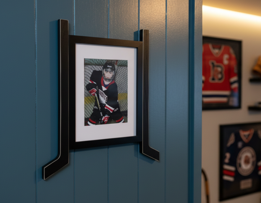 Hockey photo frame with hockey sticks on both sides in a hockey room setting.