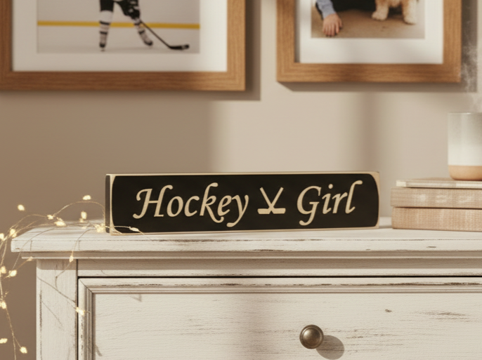 A rectangular black wooden sign with 'Hockey Girl' in engraved lettering sits on a distressed white dresser in a cozy room setting with framed pictures on the wall and warm fairy lights.