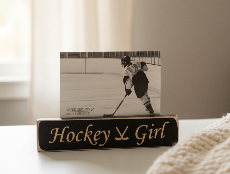 A custom wooden photo block sign with the words 'Hockey Girl' in engraved lettering on a black background, holding a black-and-white photo of a girl ice hockey player. The photo sign is styled on a white surface with a cozy cream knit blanket in the foreground and a softly blurred indoor background.